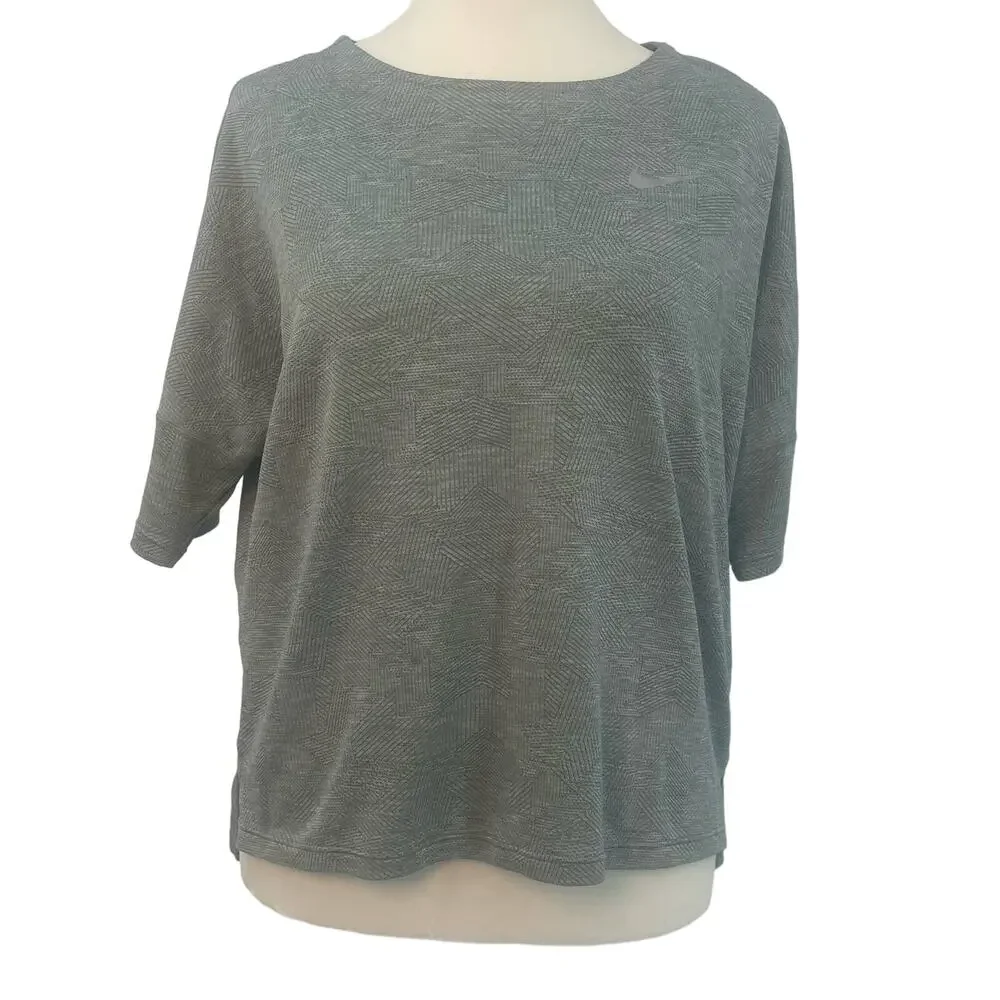 Nike Dri-Fit Shirt Women's M Green Crewneck Hi-Low Relaxed Textured Slit Logo